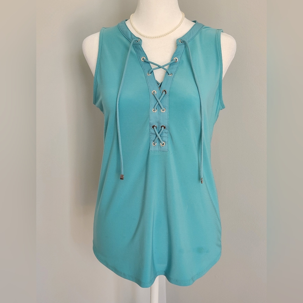 WHBM Sleeveless Teal Lace-Up Top With Silver Eyelets XS - Picture 2 of 8